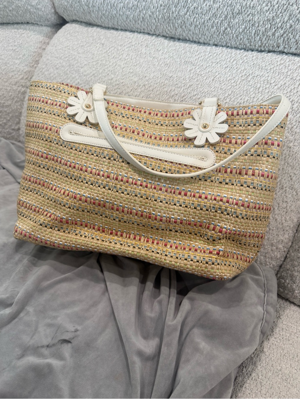 Betsey Johnson Woven Straw Tote Bag with White Trim